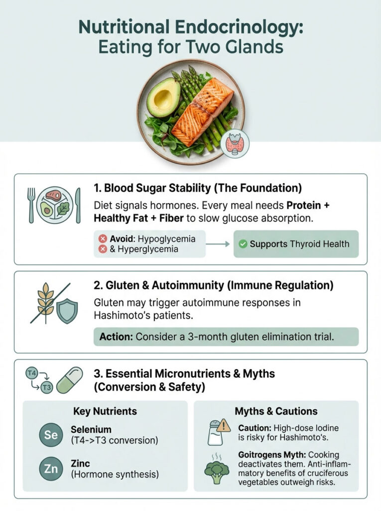 Infographic on nutritional endocrinology with sections on blood sugar stability, gluten, and essential micronutrients.