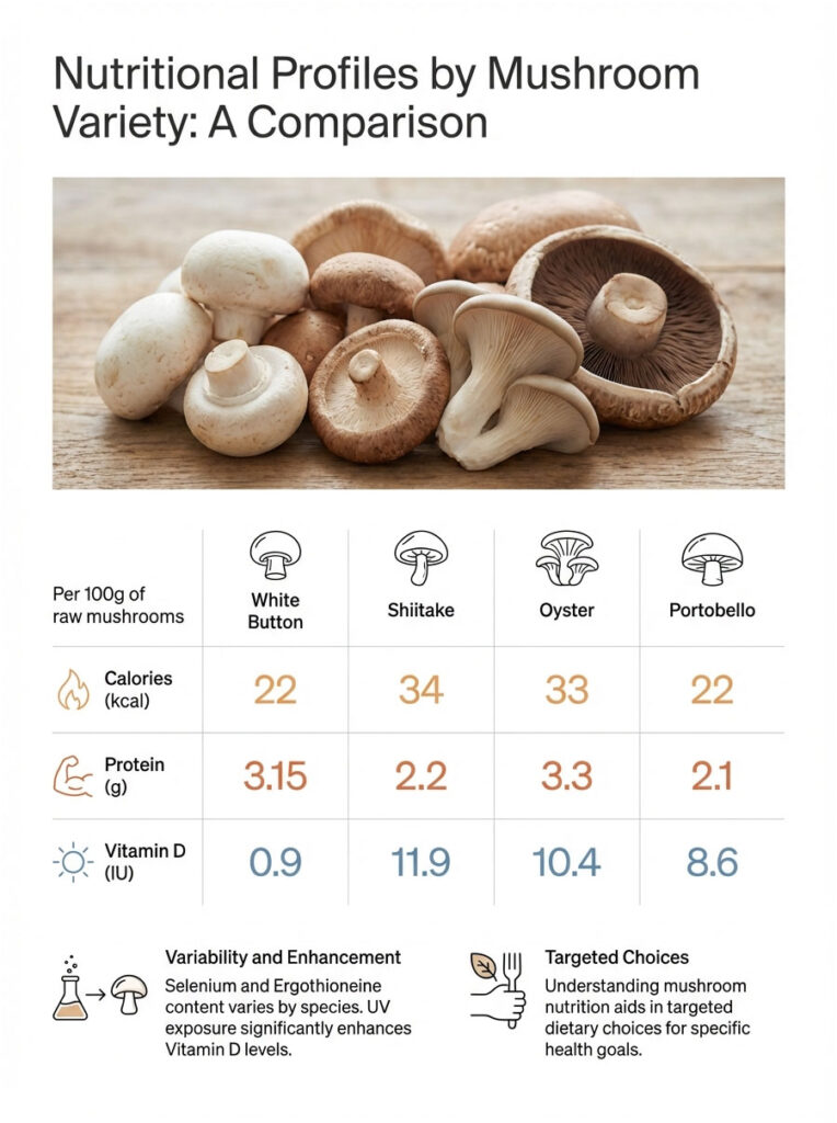 Nutritional comparison of white button, shiitake, oyster, and portobello mushrooms with data on calories, protein, and vitamin D. Infographic.
