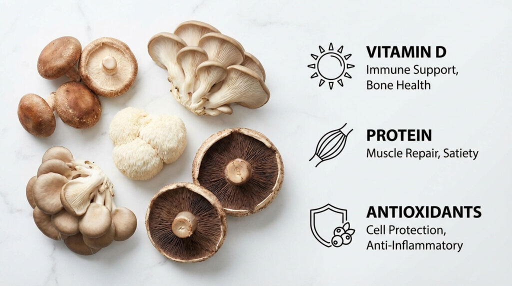 A variety of mushrooms including shiitake, lion's mane, and portobello on a light surface with health benefits listed.