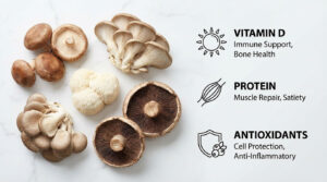 A variety of mushrooms including shiitake, lion's mane, and portobello on a light surface with health benefits listed.