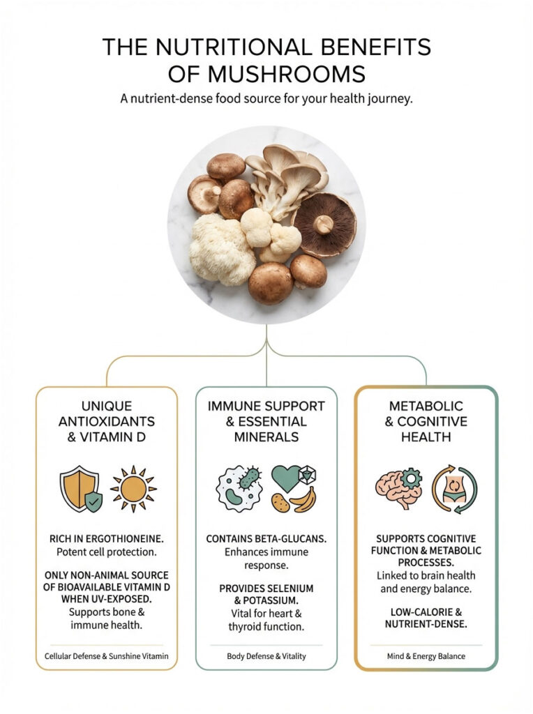 Infographic showing nutritional benefits of mushrooms with text on antioxidants, immune support, and cognitive health.