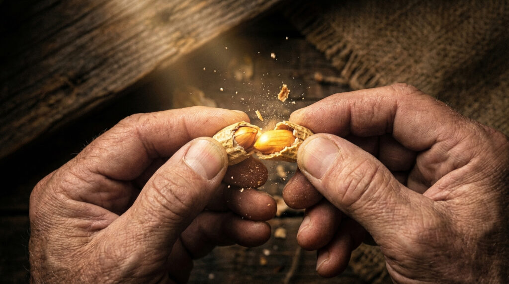 Two hands crack open a peanut, revealing the nut inside with pieces of shell flying around.