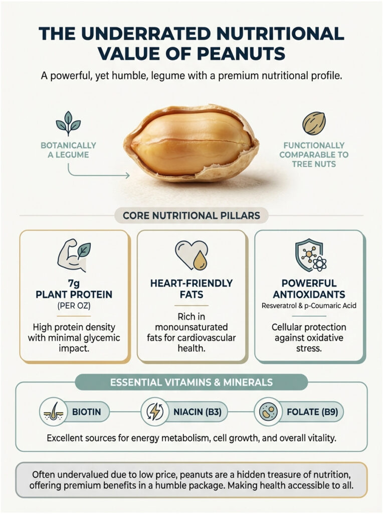 Infographic highlighting the nutritional value of peanuts, featuring text on protein, fats, and vitamins with icons.