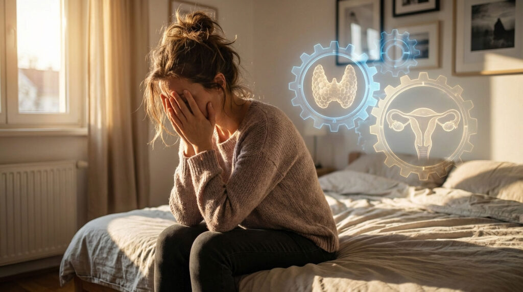 A woman sits on a bed, covering her face with her hands, with glowing health symbols above her head.
