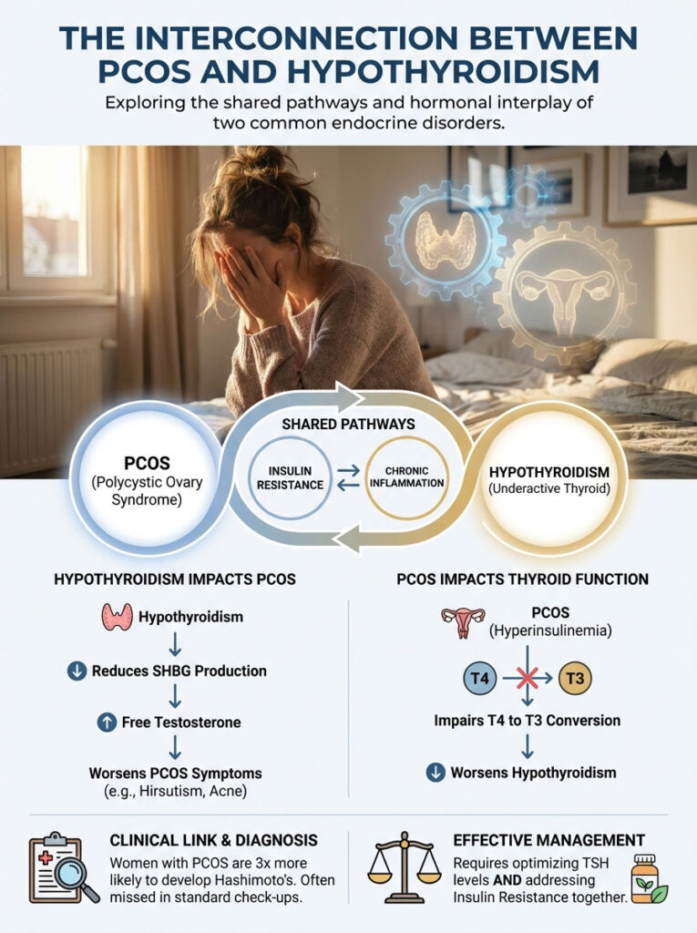 Woman with hands on face, infographic showing PCOS and hypothyroidism connections, shared pathways, and impacts.