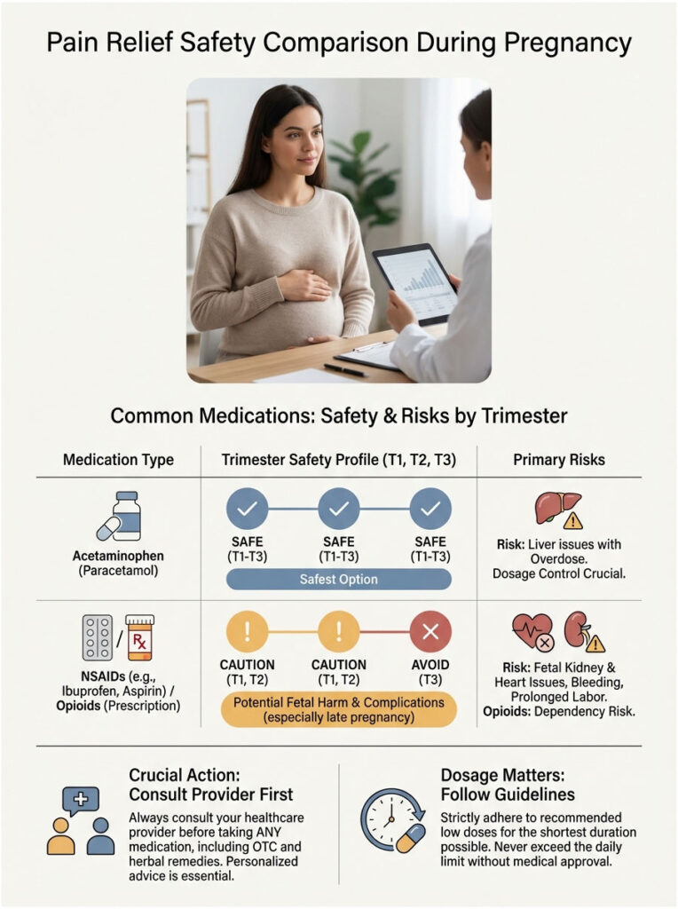 Infographic comparing pain relief medication safety during pregnancy, showing acetaminophen and NSAIDs risks by trimester.