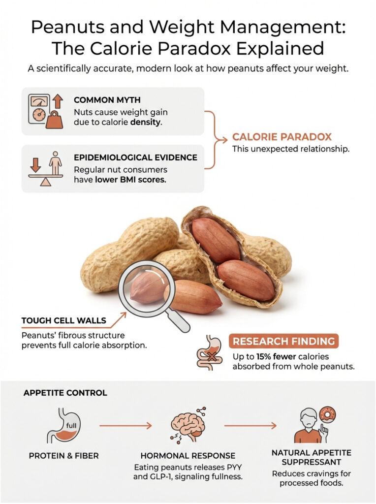 Infographic explaining the calorie paradox of peanuts, featuring myths, evidence, and appetite control mechanisms.