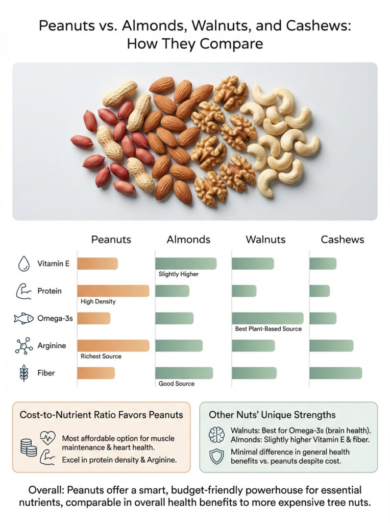 Infographic comparing peanuts, almonds, walnuts, and cashews on nutrients like protein and omega-3s.