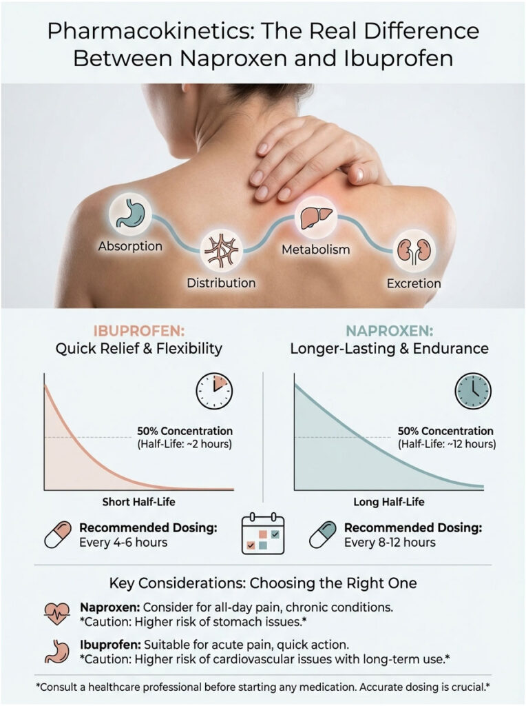 Infographic comparing pharmacokinetics of Naproxen and Ibuprofen, showing absorption, metabolism, and dosing recommendations.