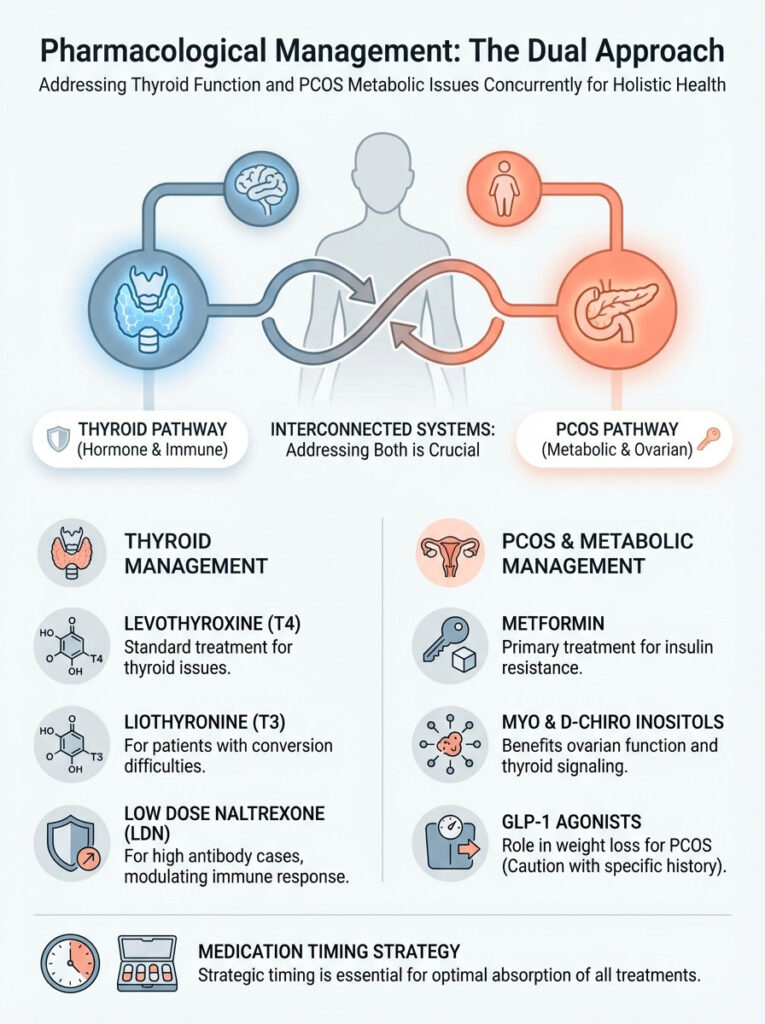 Infographic illustrating pharmacological management of thyroid and PCOS issues with pathways and treatment options.