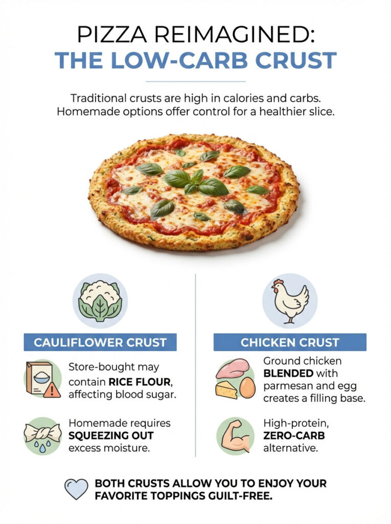 Infographic comparing low-carb pizza crusts: cauliflower and chicken, with images and key details.