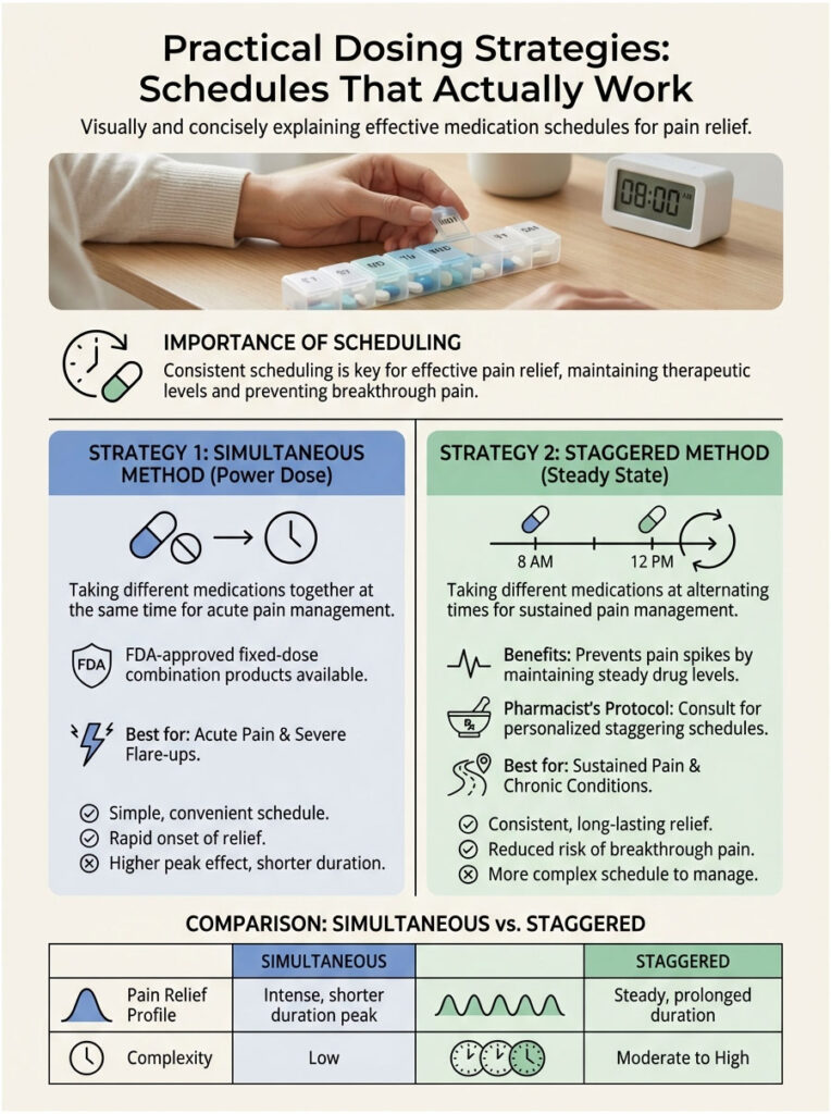 Infographic explaining practical dosing strategies for pain relief, featuring two methods and comparison chart.