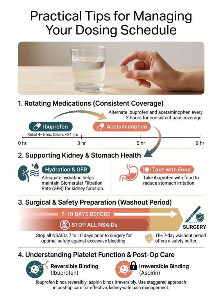 Infographic detailing medication dosing schedule, hydration tips, and surgical preparation steps with icons and charts.