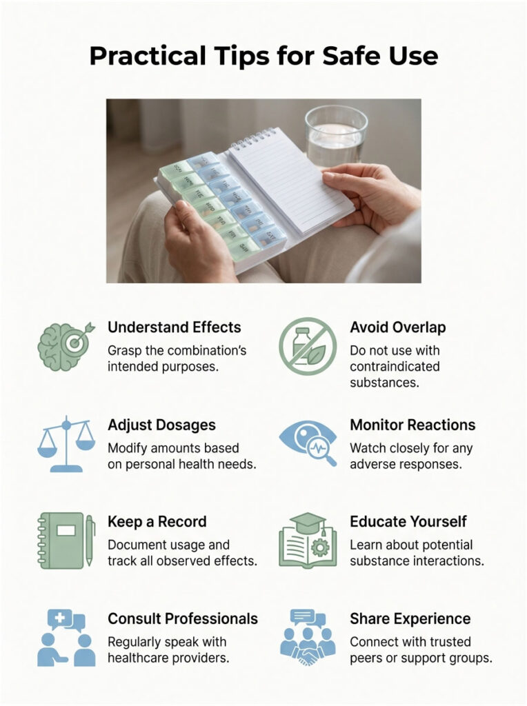 Infographic showing practical tips for safe use of substances with icons and text instructions.