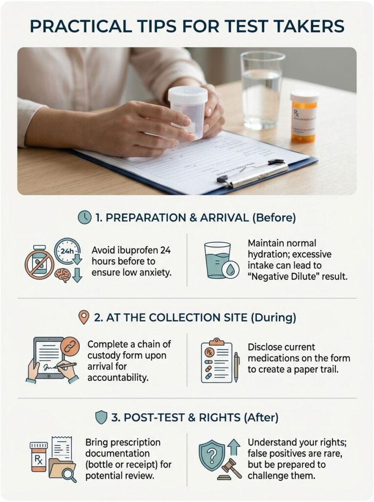 Infographic showing practical tips for test takers, including preparation, collection site, and post-test rights.