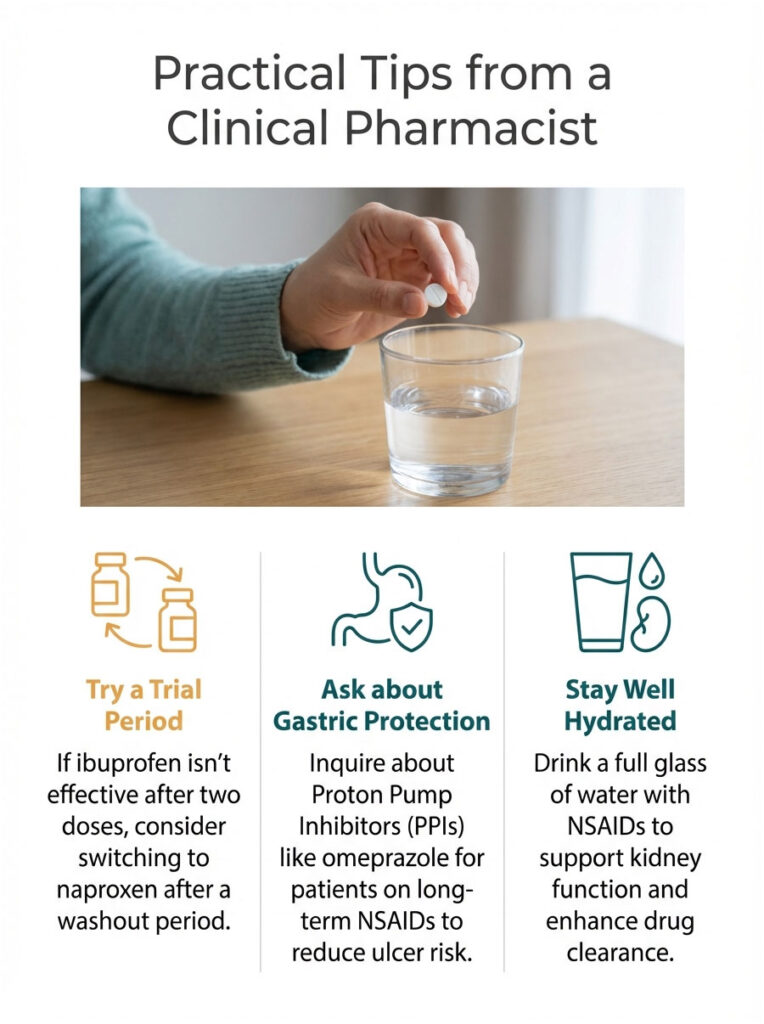 A hand holds a pill above a glass of water, with tips on medication use and hydration in three sections. Infographic.
