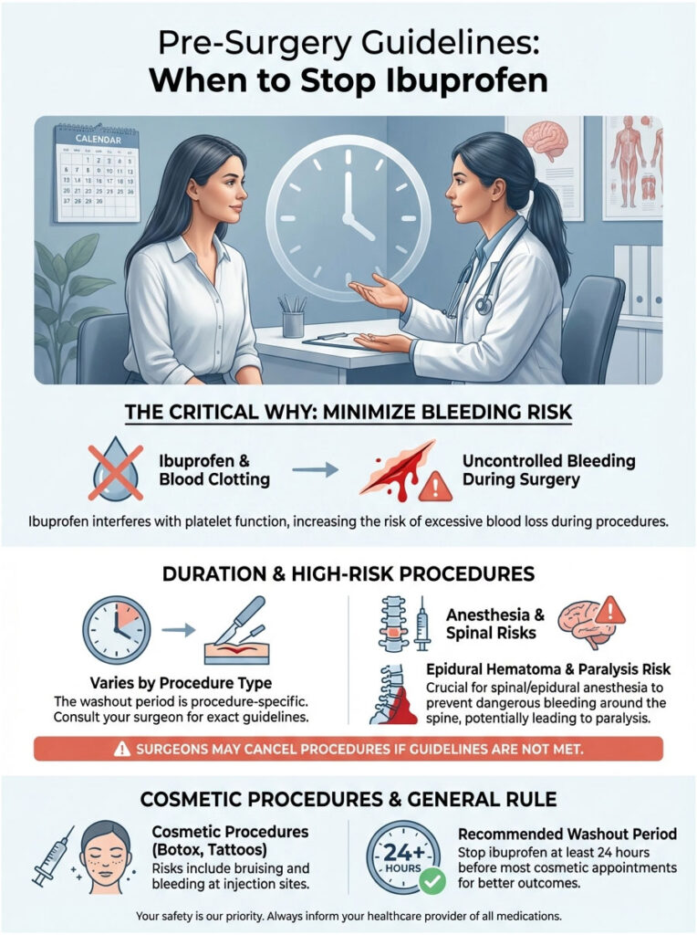 Infographic detailing pre-surgery guidelines on stopping ibuprofen, highlighting risks and recommendations.