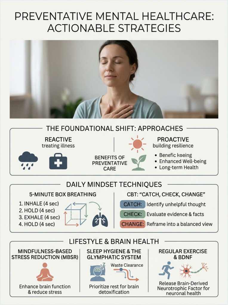 Woman practices mindfulness with text on preventative mental healthcare strategies and techniques. Infographic.