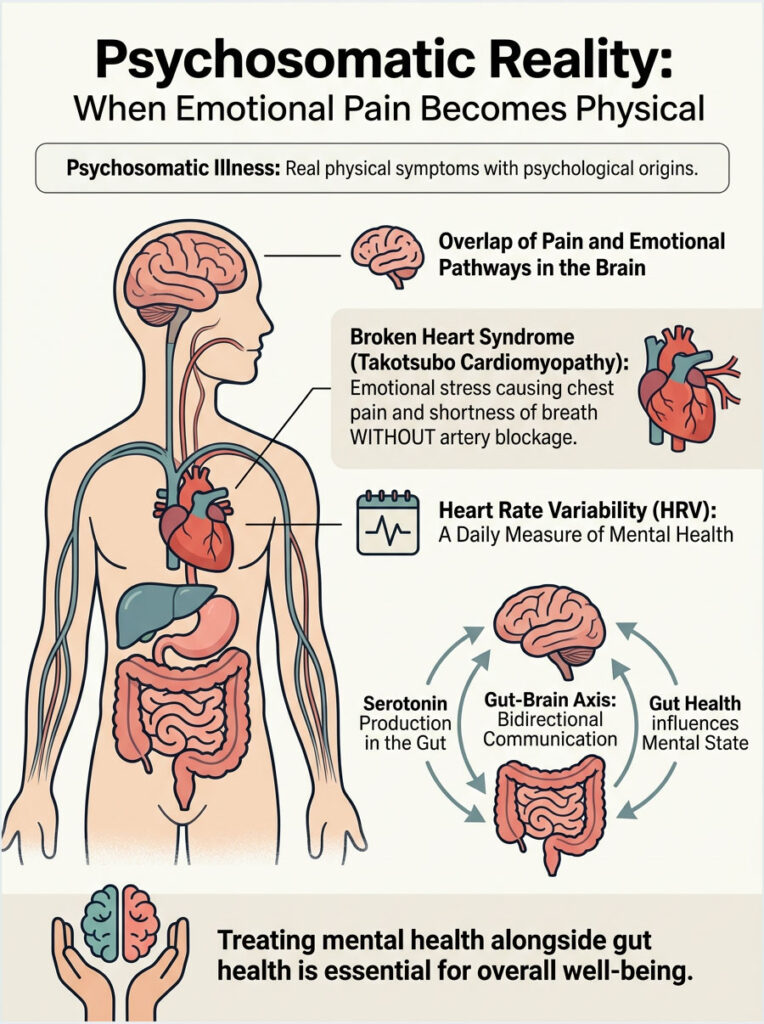Infographic illustrating psychosomatic illness with diagrams of the brain, heart, and gut, highlighting key concepts.