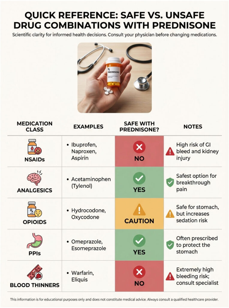 Infographic showing safe and unsafe drug combinations with prednisone, including medication classes and notes.