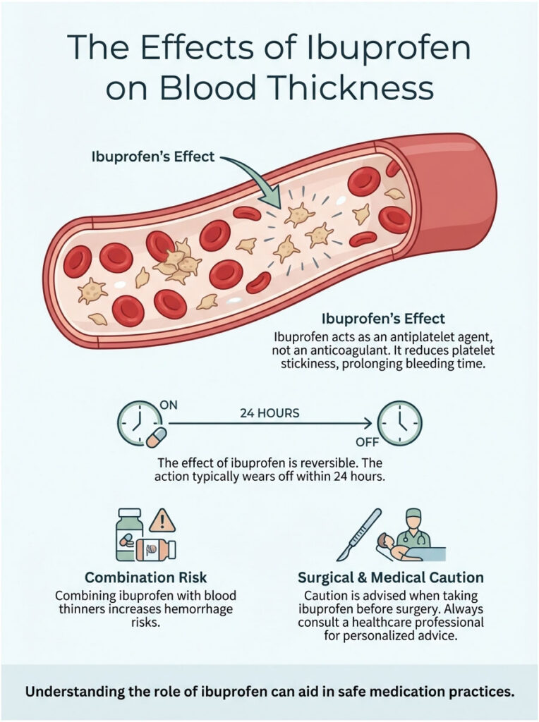 Infographic showing ibuprofen's effect on blood thickness, including graphs and cautionary notes on usage.