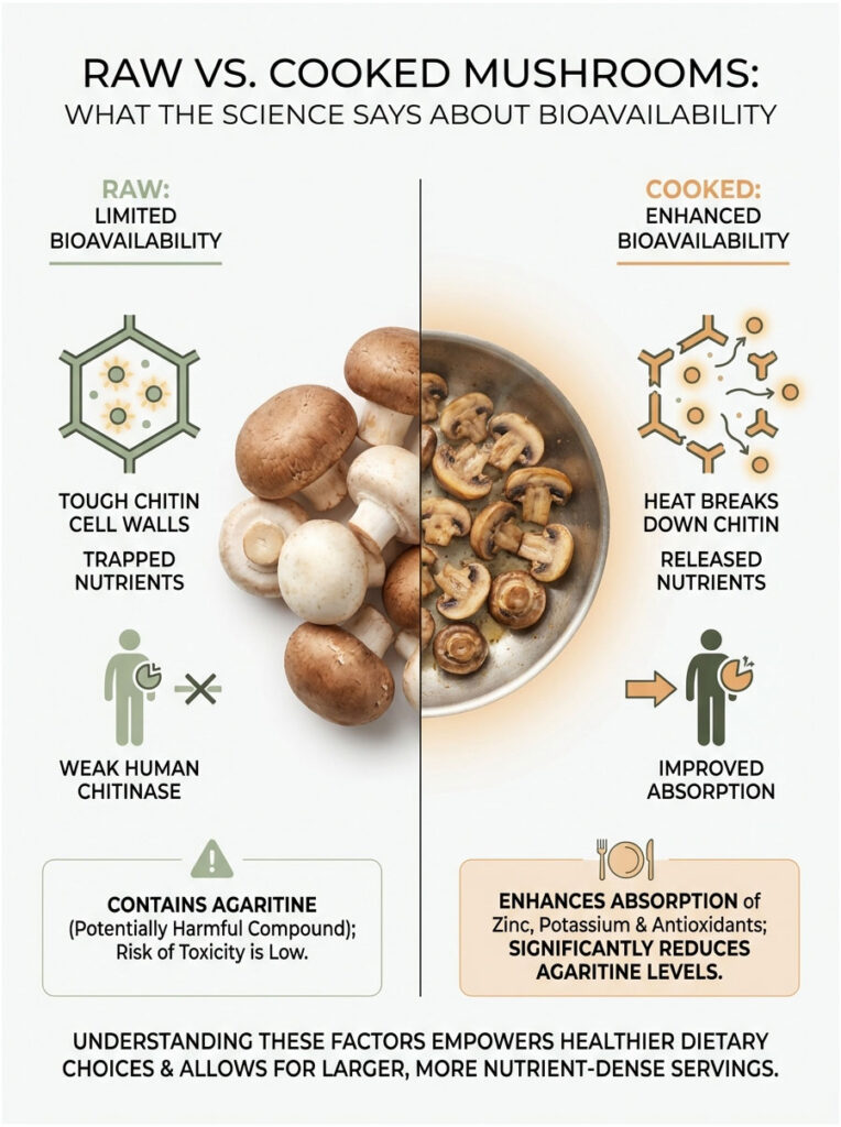Comparison of raw and cooked mushrooms showing bioavailability, nutrient absorption, and health impacts. Infographic.