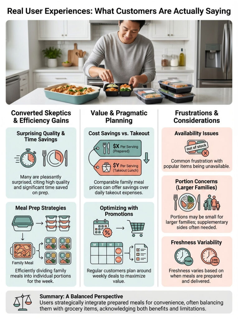 A person prepares meals in a kitchen, with sections on user experiences, meal prep strategies, and cost comparisons in an infographic.