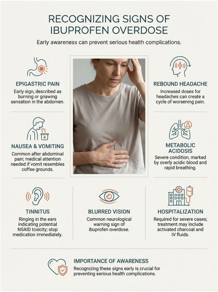 Infographic showing signs of ibuprofen overdose, including epigastric pain, nausea, and rebound headache.