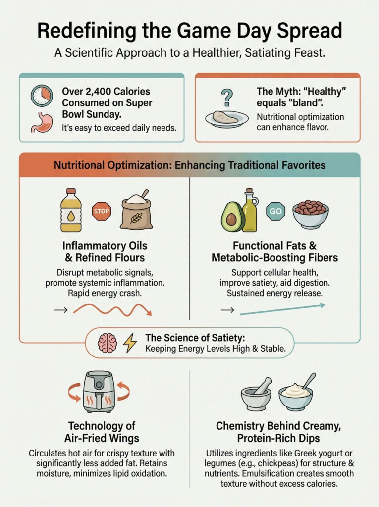Infographic on healthier game day foods, featuring calorie stats, nutritional tips, and cooking methods.
