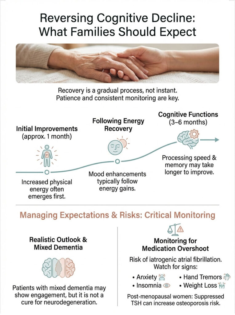 Infographic on reversing cognitive decline, showing recovery stages, expectations, and monitoring risks.