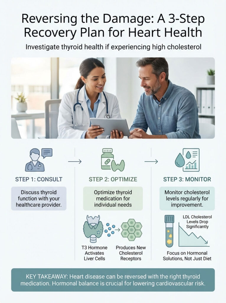 Infographic detailing a 3-step recovery plan for heart health focusing on thyroid health and cholesterol management.