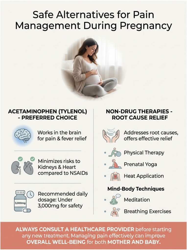 Pregnant woman holds her belly, with text on pain management alternatives during pregnancy, including acetaminophen and therapies. Infographic.