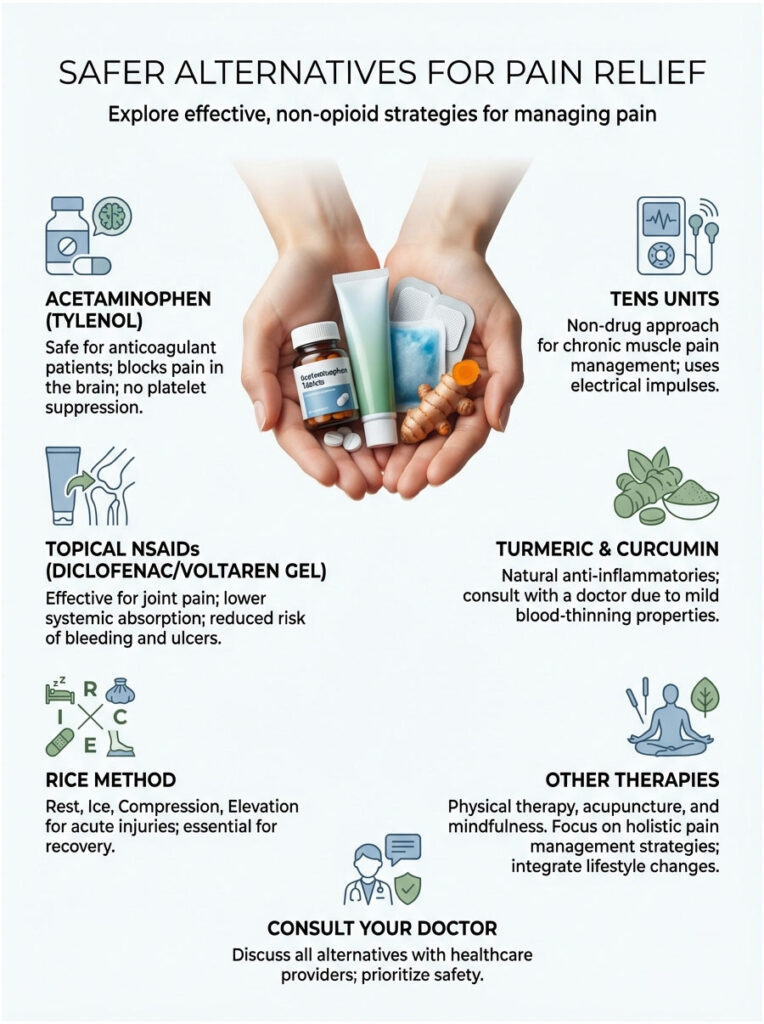 Infographic showing safer pain relief alternatives including acetaminophen, TENS units, turmeric, and RICE method.