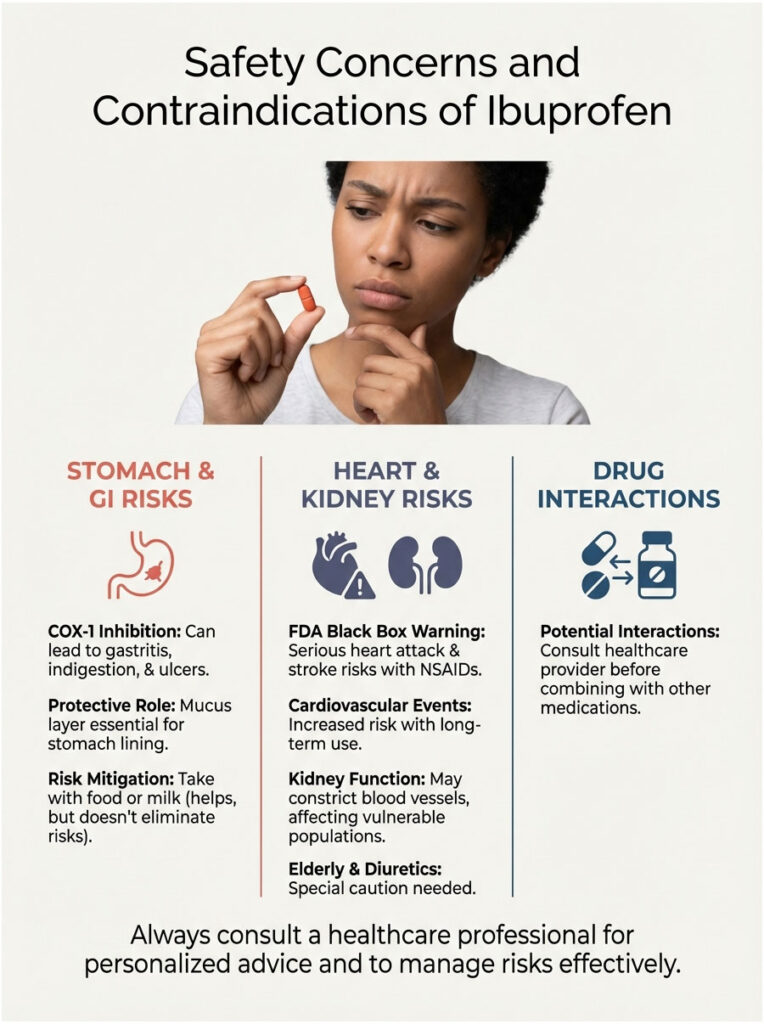 Infographic detailing safety concerns and contraindications of ibuprofen, including risks and recommendations.