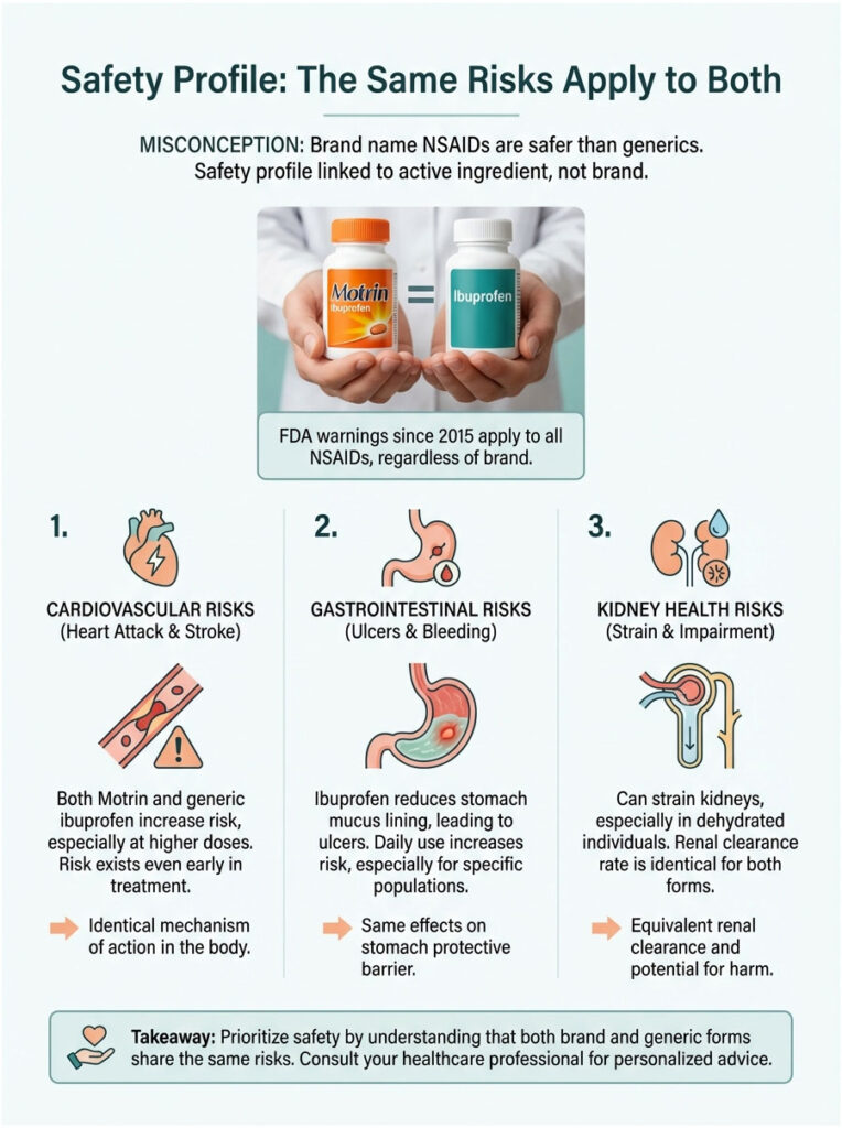 Infographic comparing safety risks of Motrin and Ibuprofen, highlighting cardiovascular, gastrointestinal, and kidney health risks.