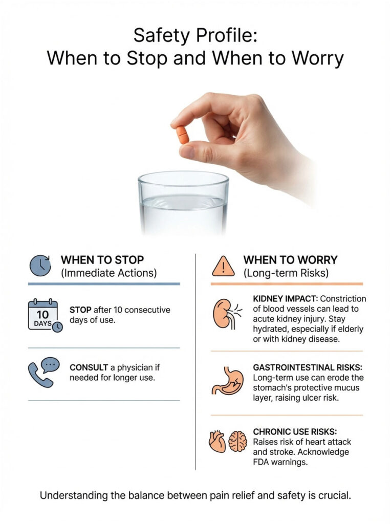 Infographic detailing safety profile for medication use, including when to stop and when to worry, with icons.