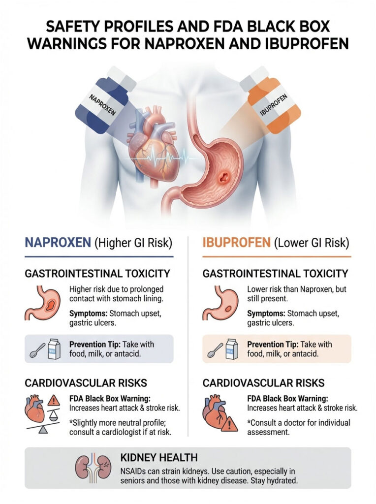 Infographic comparing safety profiles of Naproxen and Ibuprofen, detailing risks and prevention tips.