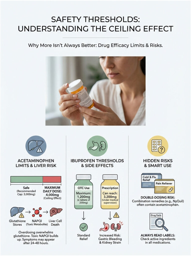 Infographic on safety thresholds for acetaminophen and ibuprofen, detailing dosage limits and risks.
