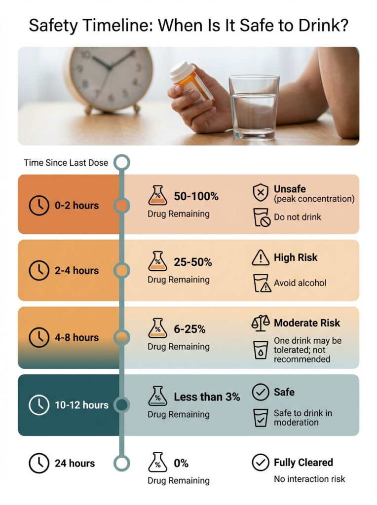 Infographic showing a safety timeline for drinking after medication, detailing drug remaining percentages and risks.