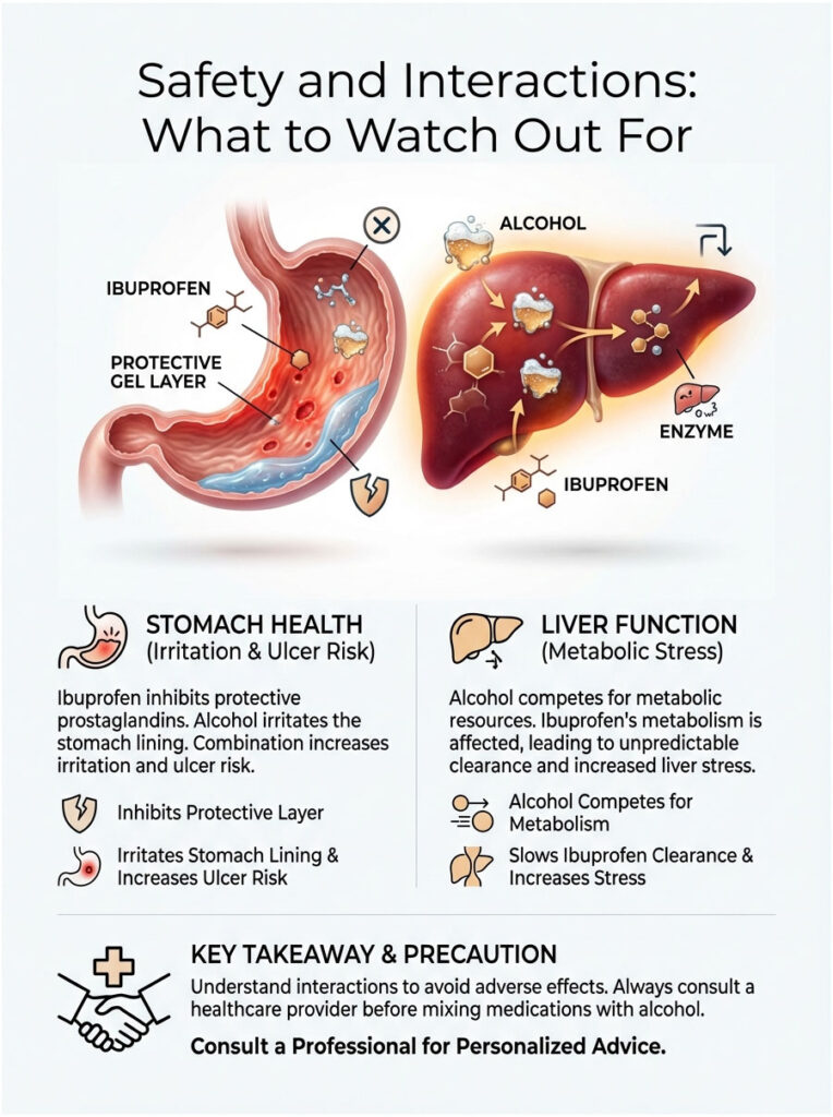 Infographic showing stomach and liver interactions with ibuprofen and alcohol, highlighting health risks and precautions.