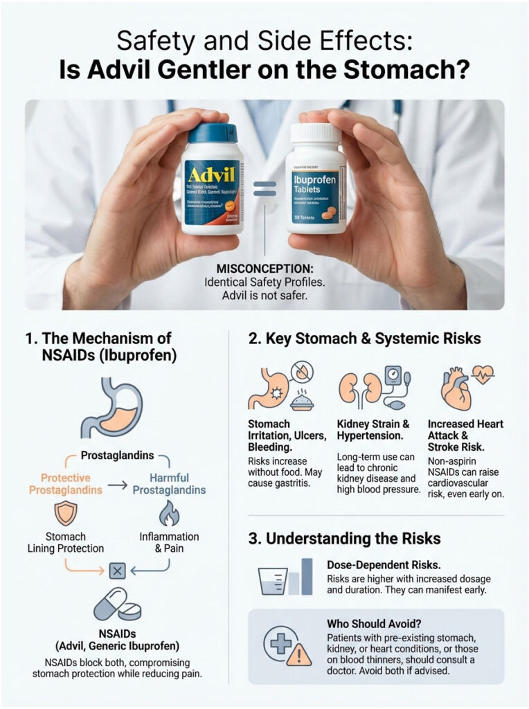 Infographic comparing Advil and ibuprofen, highlighting misconceptions, risks, and mechanisms of NSAIDs.