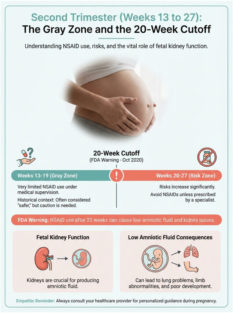 Infographic explaining NSAID use risks during pregnancy, featuring a pregnant woman, charts, and key warnings.
