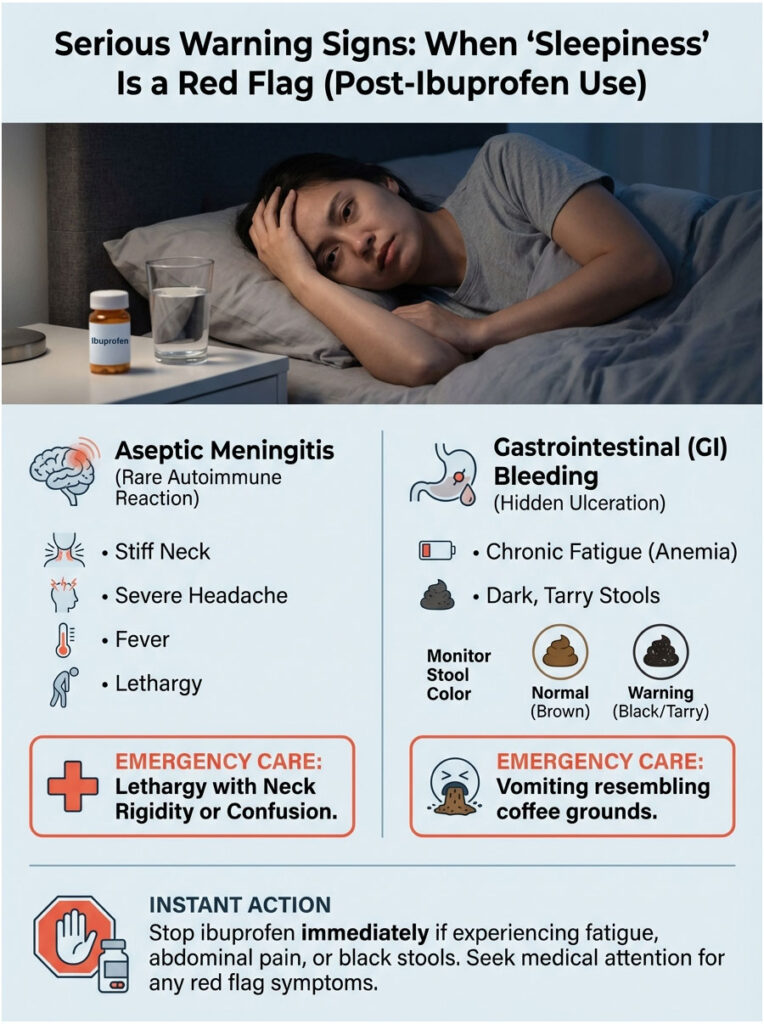 Infographic detailing serious warning signs post-ibuprofen use, including symptoms and emergency actions.
