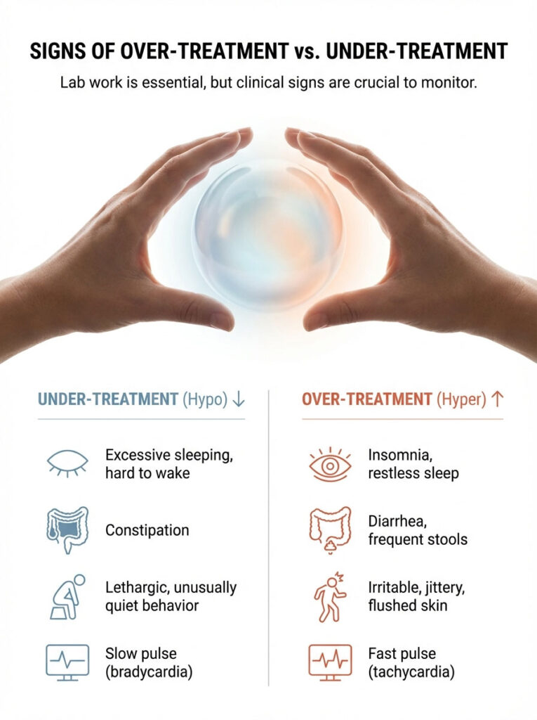 Hands hold a glowing orb with signs of over-treatment and under-treatment listed on either side. Infographic.