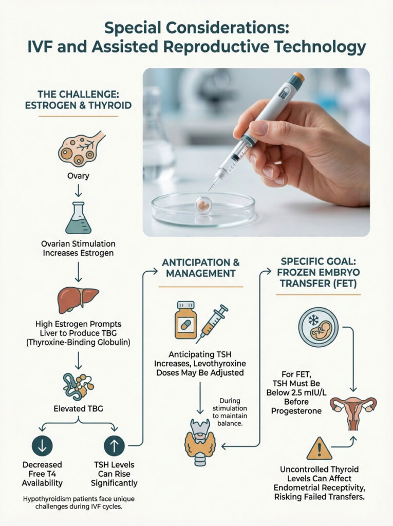 Infographic explaining IVF and thyroid considerations, showing charts, icons, and key data on estrogen and TSH levels.