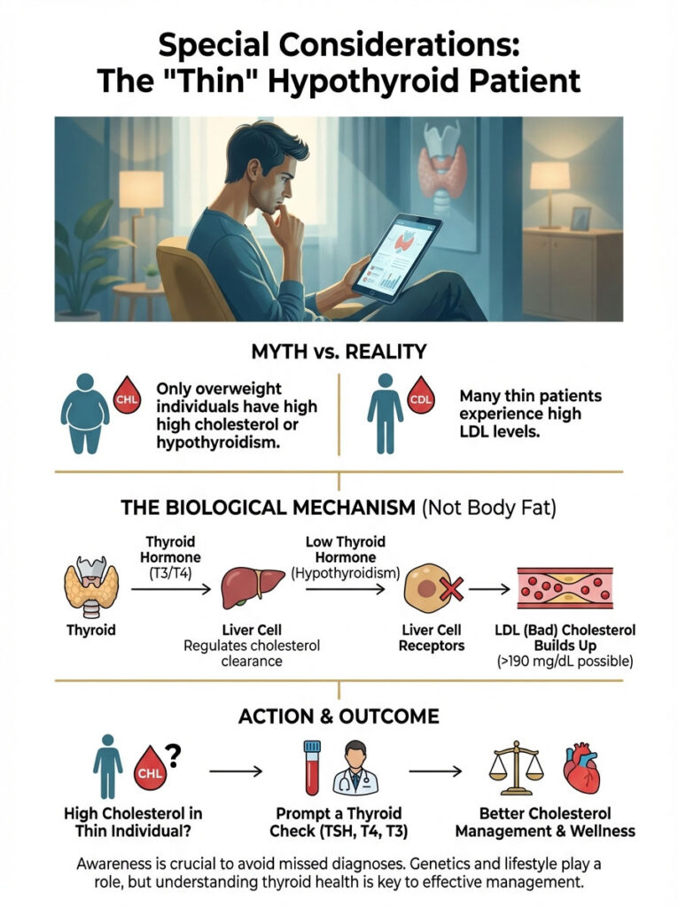 Infographic explaining thyroid health in thin hypothyroid patients, including myths, biological mechanisms, and outcomes.