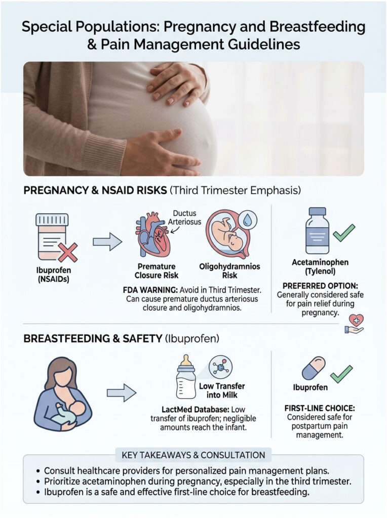 Infographic detailing pregnancy and breastfeeding pain management guidelines, highlighting risks of NSAIDs and acetaminophen.
