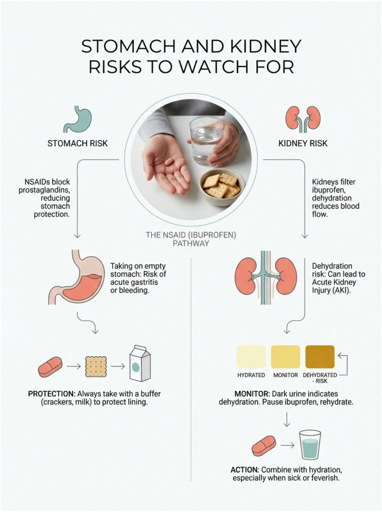 Infographic showing stomach and kidney risks of ibuprofen, including hydration tips and protection methods.
