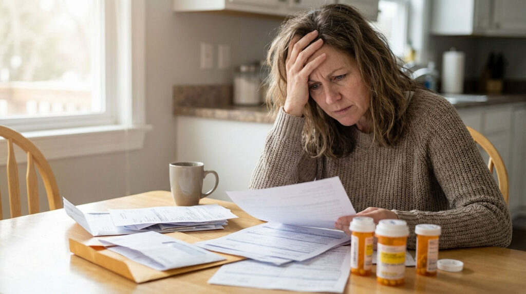 A woman with brown hair sits at a table, looking stressed while reviewing paperwork and prescription bottles.