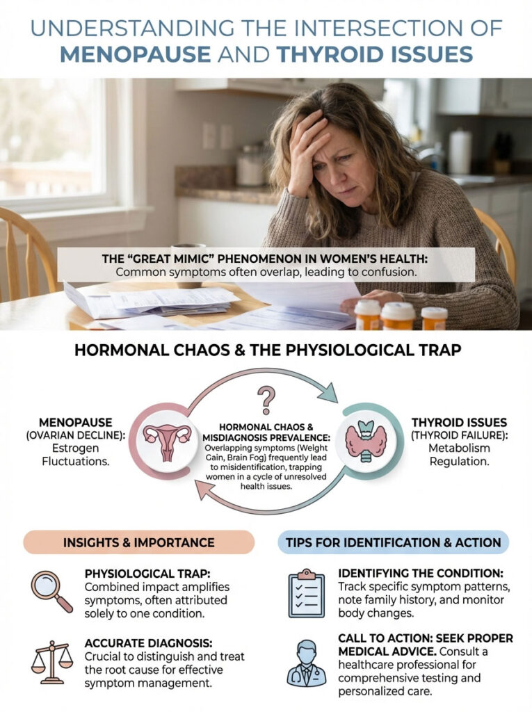 Infographic explaining menopause and thyroid issues, highlighting symptoms and diagnosis strategies.